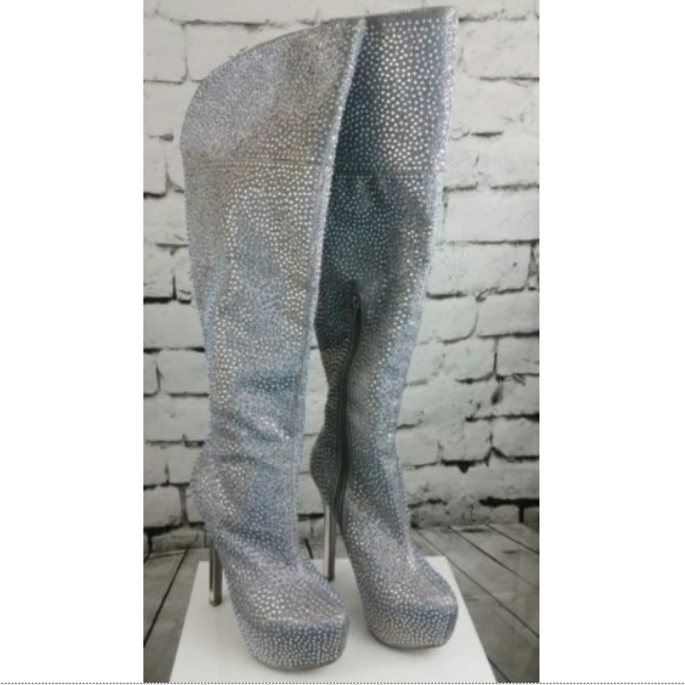 Diamond Glitter Knee High Stiletto Boots Size 6